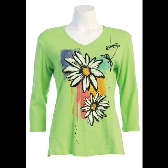 Plus size NWT Jess & Jane Lime shirt top 15-1581 v-neck twin daisy flowers - Picture 1 of 1